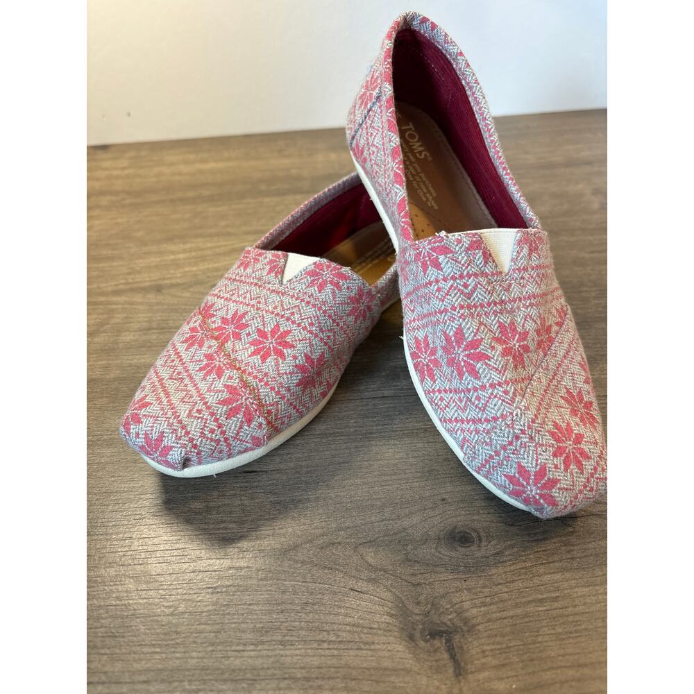 Womens TOMS Alpargata Tan & Pink Woven Snowflake Casual Flat Slip On Shoes W 7.5
